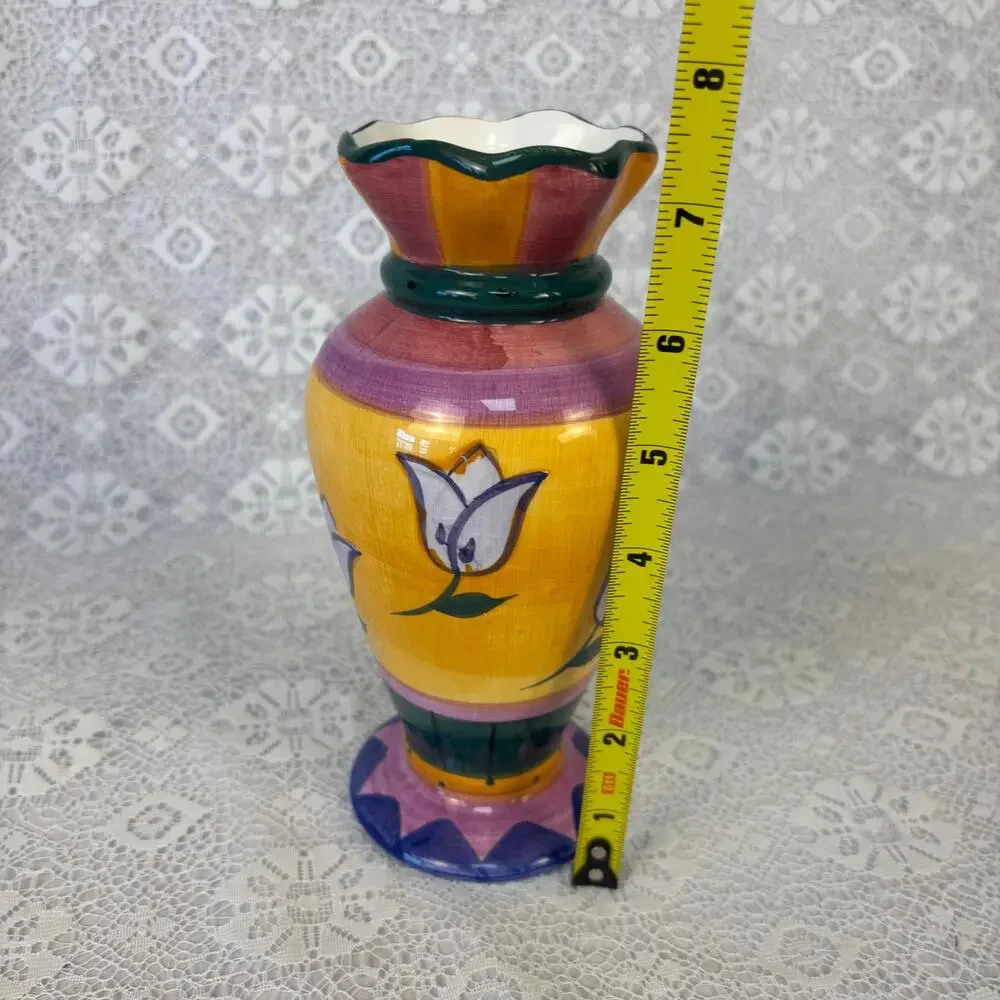 Vintage Hand Painted Ceramic Vase Colorful Tulip Floral Scalloped Rim 8
